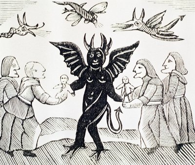 Kinderen presenteren aan de duivel, kopie van een illustratie uit De heks van de bossen gebruikt in een verzameling chapbooks over esoterica door English School