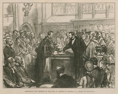 Het aanbieden van de vrijheid van de stad Londen aan Generaal U S Grant in Guildhall door English School