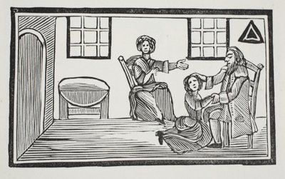 Mooie Bessie ontvangt de zegen van haar vader wanneer ze op zoek gaat naar haar eigen levensonderhoud, illustratie uit Chap-books van de achttiende eeuw door John Ashton, uitgegeven 1882 door English School