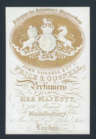 Price en Gosnell, Parfumeurs van Hare Majesteit, handelskaart door English School