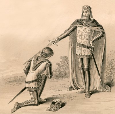 Prins Edward, de Zwarte Prins, geridderd door zijn vader, koning Edward III door English School