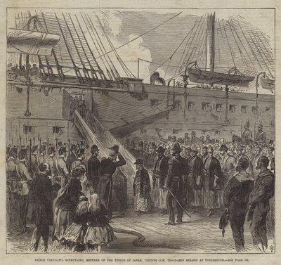 Prins Tokugawa Minbutaiho, broer van de Tycoon van Japan, bezoekt HM troepenschip Serapis in Portsmouth (gravure) door English School