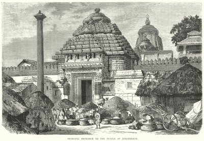 Hoofdingang van de Tempel van Juggernath (gravure) door English School