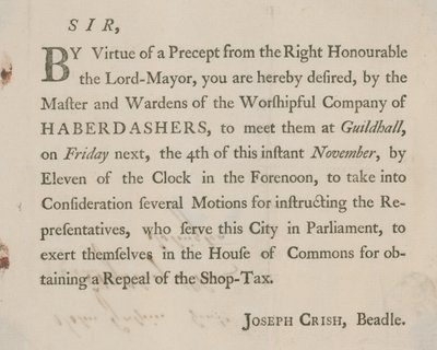 Gedrukte brief van Joseph Crish, Beadle van Guildhall, Londen door English School