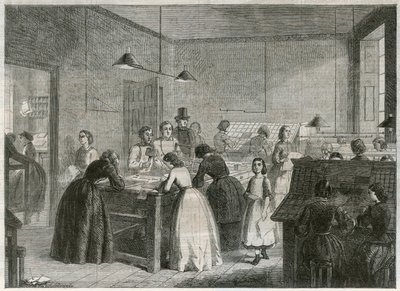 Drukkerij (Victoria Press) in Great Coram Street, voor de tewerkstelling van vrouwen als zetters door English School