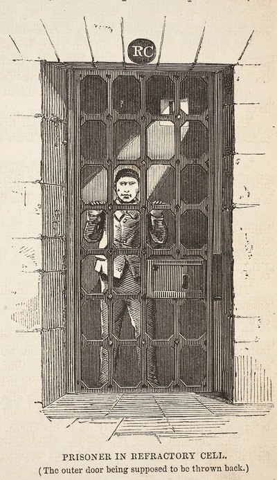 Gevangene in Refractory cel (de buitendeur wordt verondersteld open te staan), illustratie uit The Criminal Prisons of London and Scenes from Prison Life door Henry Mayhew en John Binny, uitgegeven in 1862 door English School