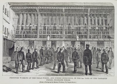 Gevangenen aan het Werk op het Looprad en Anderen aan het Oefenen in de 3e Tuin van de Vagebonden Gevangenis, Coldbath Fields, uit The Criminal Prisons of London and Scenes of Prison Life door Henry Mayhew (1812-87) door English School