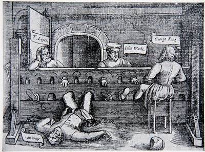Gevangenen in de Lollards Tower, uit Acts and Monuments door John Foxe (1516-87), 1563, illustratie uit The History of the Nation door English School