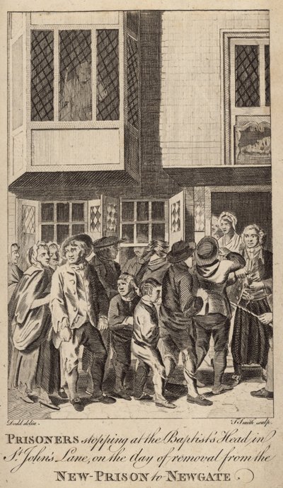 Gevangenen stoppen bij het Baptists Head in St Johns Lane door English School
