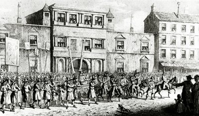 Processie van 1741 in Londen die vrijmetselaars bespot, 1843 door English School
