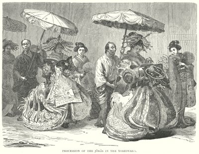 Processie van de Joros in de Yoshiwara (gravure) door English School