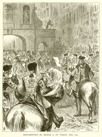Proclamatie van George I bij Temple Bar, 1714 door English School