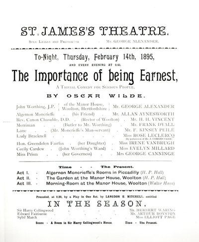 Programma voor een uitvoering van Het Belang van Ernst, door Oscar Wilde in het St. James Theatre, 14 februari 1895 door English School