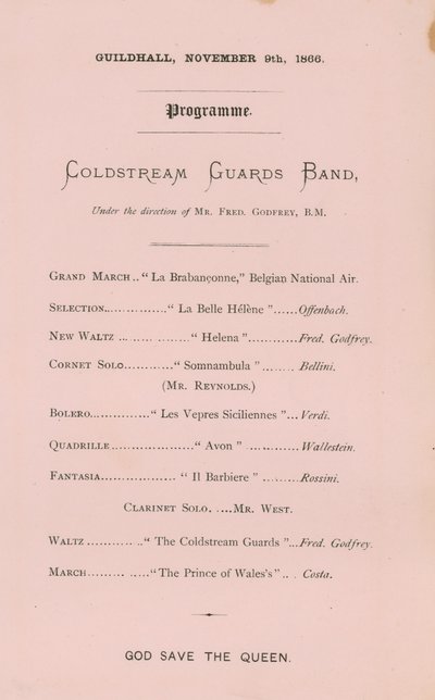 Programma voor het banket in de Guildhall, Londen, op 9 november 1866 door English School