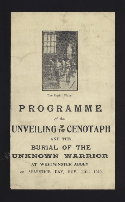 Programma voor de onthulling van het Cenotaaf en de begrafenis van de Onbekende Soldaat, Westminster Abbey, Londen, 11 november 1920 door English School