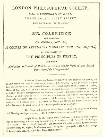 Programma van Coleridges lezingen van 1808 door English School