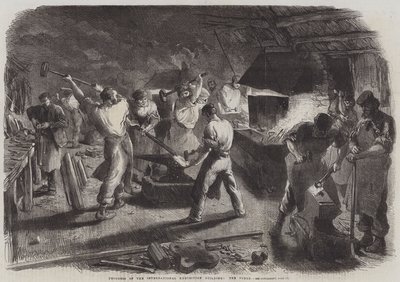 Voortgang van het Internationale Tentoonstellingsgebouw, de smederij (gravure) door English School