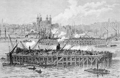 Voortgang van de werken van de Tower Bridge over de Theems door English School