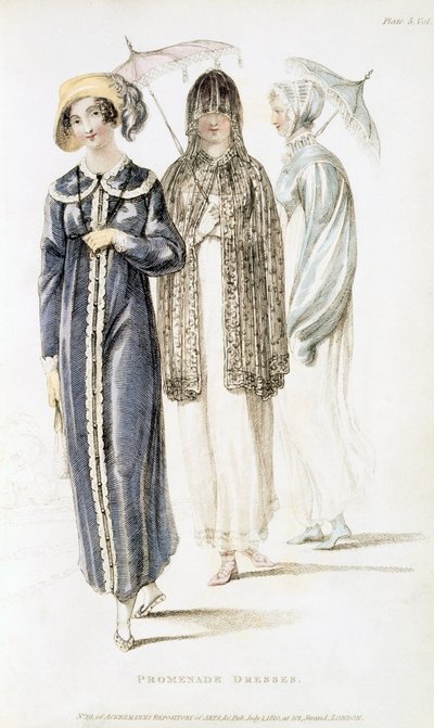 Promenadejurken, modeplaat uit Ackermanns Repository of Arts door English School
