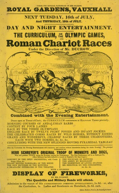 Promotiefolder voor The Curriculum; of, De Olympische Spelen en Romeinse Wagenrace in Koninklijke Tuinen, Vauxhall, Londen door English School
