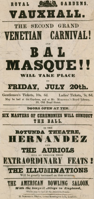 Promotiefolder voor het Tweede Grote Venetiaanse Carnaval en Bal Masque in Koninklijke Tuinen, Vauxhall, Londen door English School