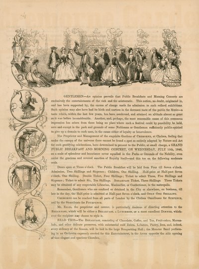 Promotiefolder voor een groot openbaar ontbijt en ochtendconcert op 15 juli 1846 door English School