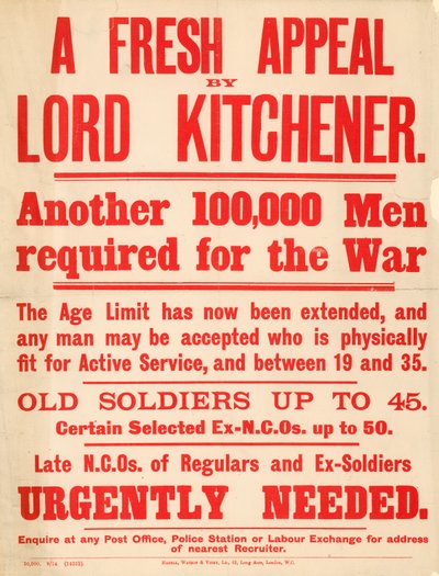 Promotieposter die oproept tot 100.000 mannen om vrijwillig dienst te nemen in de oorlog door English School