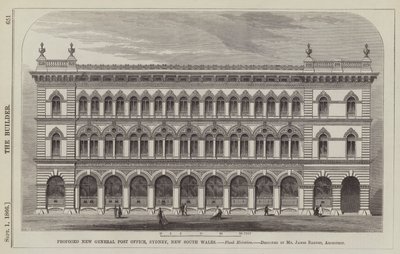 Voorgesteld Nieuw Algemeen Postkantoor, Sydney, New South Wales, Zijaanzicht, ontworpen door Mr James Barnet, Architect (gravure) door English School