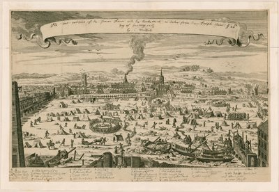 Uitzicht op de bevroren Theems, genomen vanaf de Temple-trappen op 20 januari 1715/16 door English School