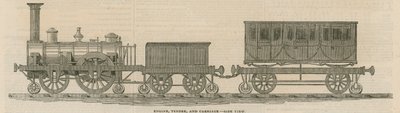 Prossers houten spoorweg: Locomotief, tender en wagon, zijaanzicht door English School
