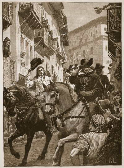 Openbare ontvangst van Prins Charles in Madrid, illustratie uit Cassells Geïllustreerde Geschiedenis van Engeland door English School