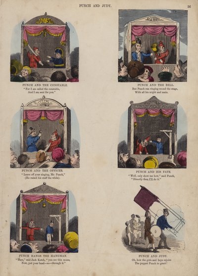 Punch en Judy Show (gekleurde gravure) door English School