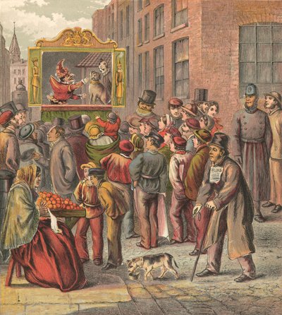Poppenshow van Punch en Judy op straat door English School