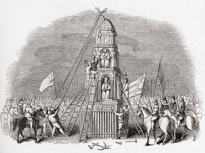 Puriteinen vernietigen het Cheapside Cross, ook bekend als Eleanor Cross, Londen, Engeland in 1643, uit Old England: A Pictorial Museum, uitgegeven 1847 door English School