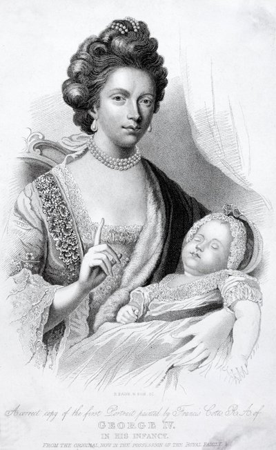 Koningin Charlotte, Gemalin van Koning George III, met hun babyzoon, de toekomstige Prins Regent en Koning George IV door English School