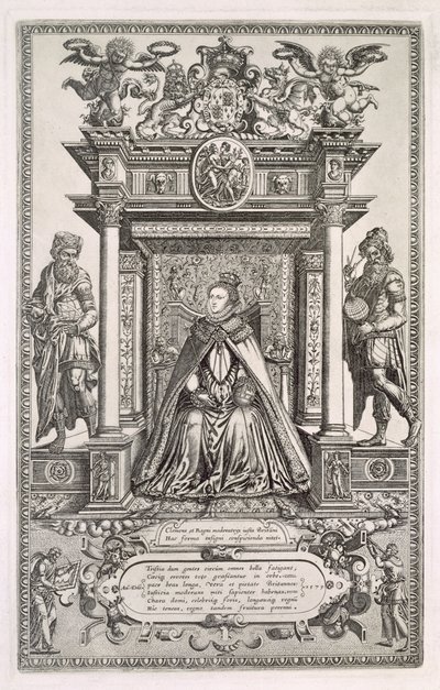 Koningin Elizabeth I (1533-1603) als beschermheer van geografie en astronomie, frontispice van een boek met Saksische kaarten van Engeland, 1579 door English School