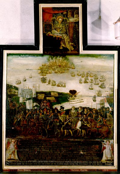 Koningin Elizabeth I arriveert in Tilbury en de Engelse nederlaag van de Spaanse Armada van 1588 door English School