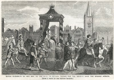 Koningin Elizabeth I op weg naar de stad om dank te betuigen voor de overwinning op de Spaanse Armada door English School