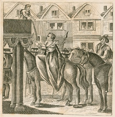Koningin Elizabeth I ontvangt de Bijbel van een jongen, die Waarheid verpersoonlijkt, op weg naar haar kroning door English School