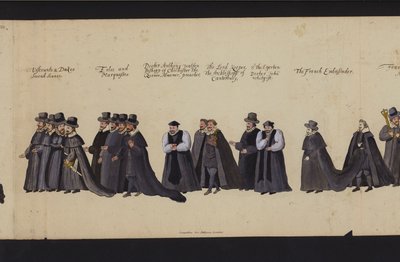 Begrafenisstoet van Koningin Elizabeth I (gekleurde gravure) door English School