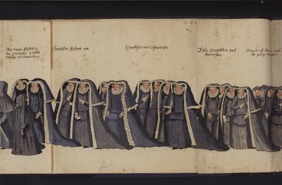 Begrafenisstoet van Koningin Elizabeth I (gekleurde gravure) door English School