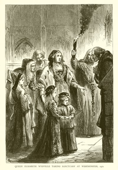 Koningin Elizabeth Wydville zoekt toevlucht in Westminster, 1471 door English School