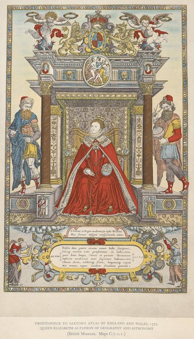 Koningin Elizabeth als beschermheer van geografie en astronomie. Frontispice van Saxton