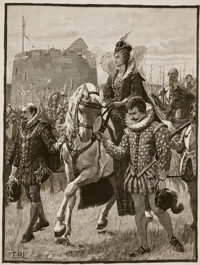 Koningin Elizabeth bij Tilbury, illustratie uit Cassells Geïllustreerde Geschiedenis van Engeland door English School