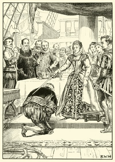Koningin Elizabeth aan Boord van de Golden Hind door English School