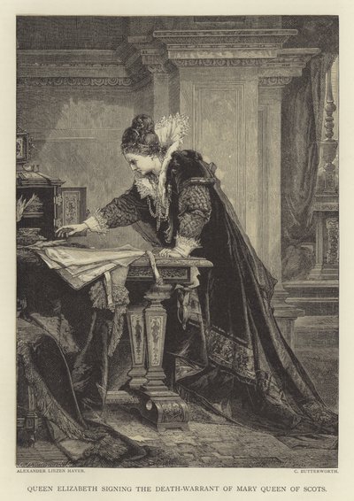Koningin Elizabeth ondertekent het doodvonnis van Mary Queen of Scots door English School