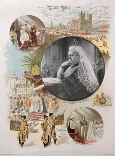 Koningin Victoria afgebeeld ten tijde van haar diamanten jubileum in 1897 samen met enkele van de belangrijkste gebeurtenissen in haar leven door English School