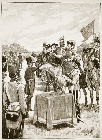 Koningin Victoria bij de eerste uitreiking van het Victoria Cross, illustratie uit Cassells Illustrated History of England door English School