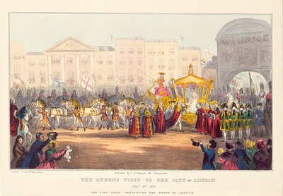 Koningin Victoria betreedt de Stad Londen bij Temple Bar, gegraveerd door G. Tregear, 1837 door English School