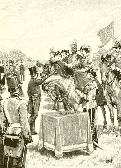 Koningin Victoria zit de eerste uitreiking van het Victoria Cross voor door English School